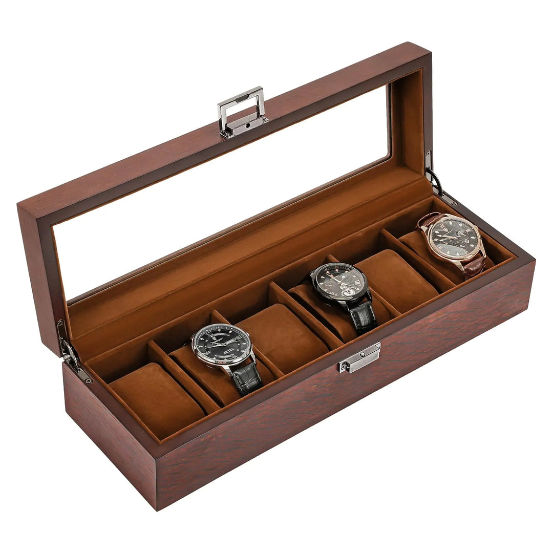 6-Slot Espresso Wooden Watch Box with Glass Lid – Luxury Display & Storage Organizer