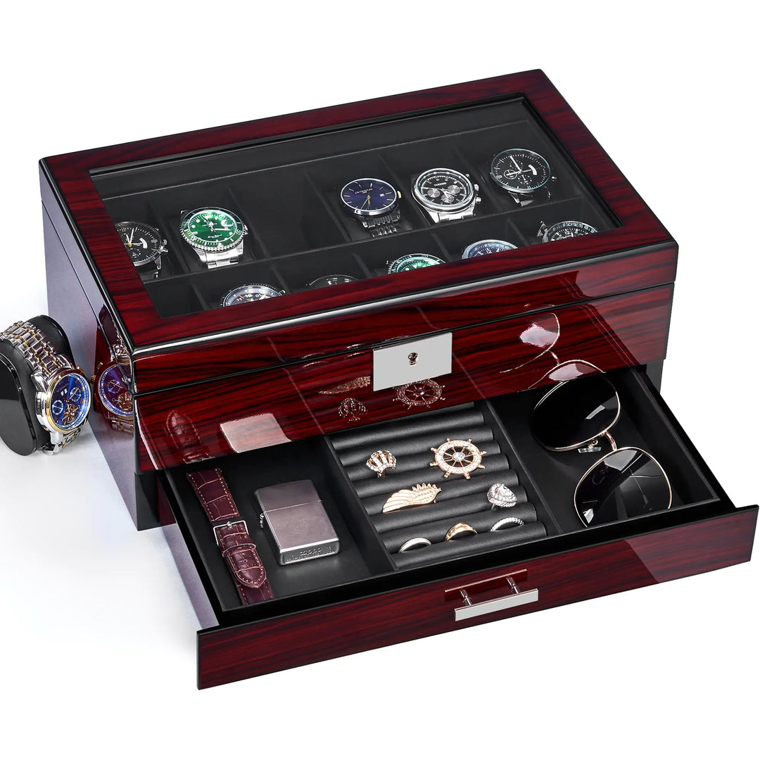 ANWBROAD 12-Slot Wooden Watch & Jewelry Box (2-Tier)