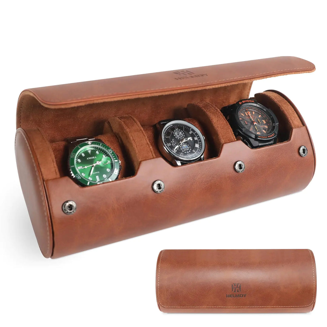 HELMDY Watch Roll Travel Case for Men and Women: 3 Watch Travel Roll - Storage Box Organizer & Display Case for Wristwatches & Smart Watches (Brown)